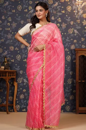 Pink lehriya printed embellished organza saree