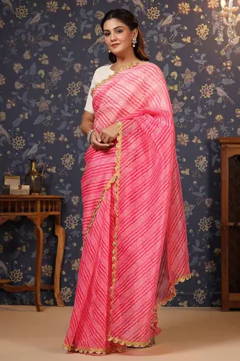 Pink lehriya printed embellished organza saree