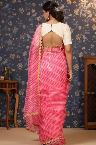 Pink lehriya printed embellished organza saree