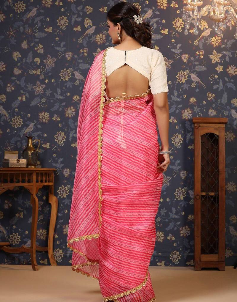 Pink lehriya printed embellished organza saree