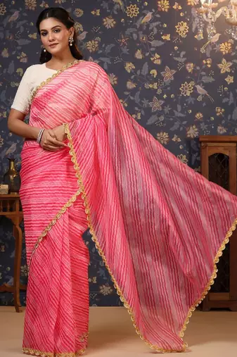 Pink lehriya printed embellished organza saree