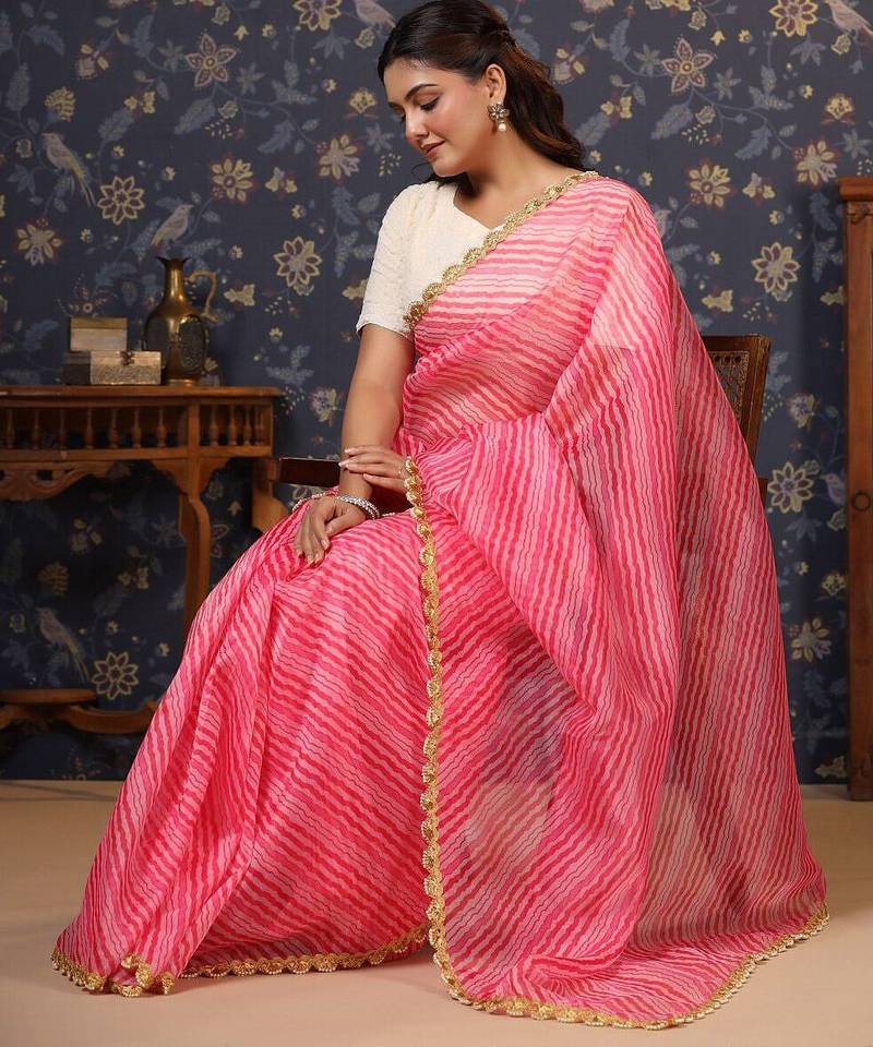 Pink lehriya printed embellished organza saree