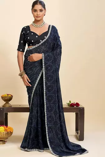Navy blue bandhani pure georgette saree