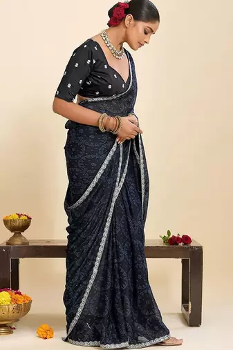 Navy blue bandhani pure georgette saree