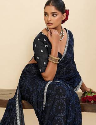 Navy blue bandhani pure georgette saree 4