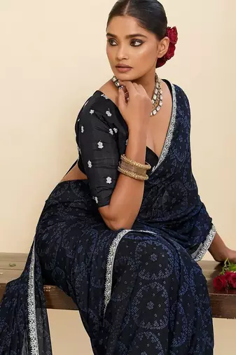 Navy blue bandhani pure georgette saree