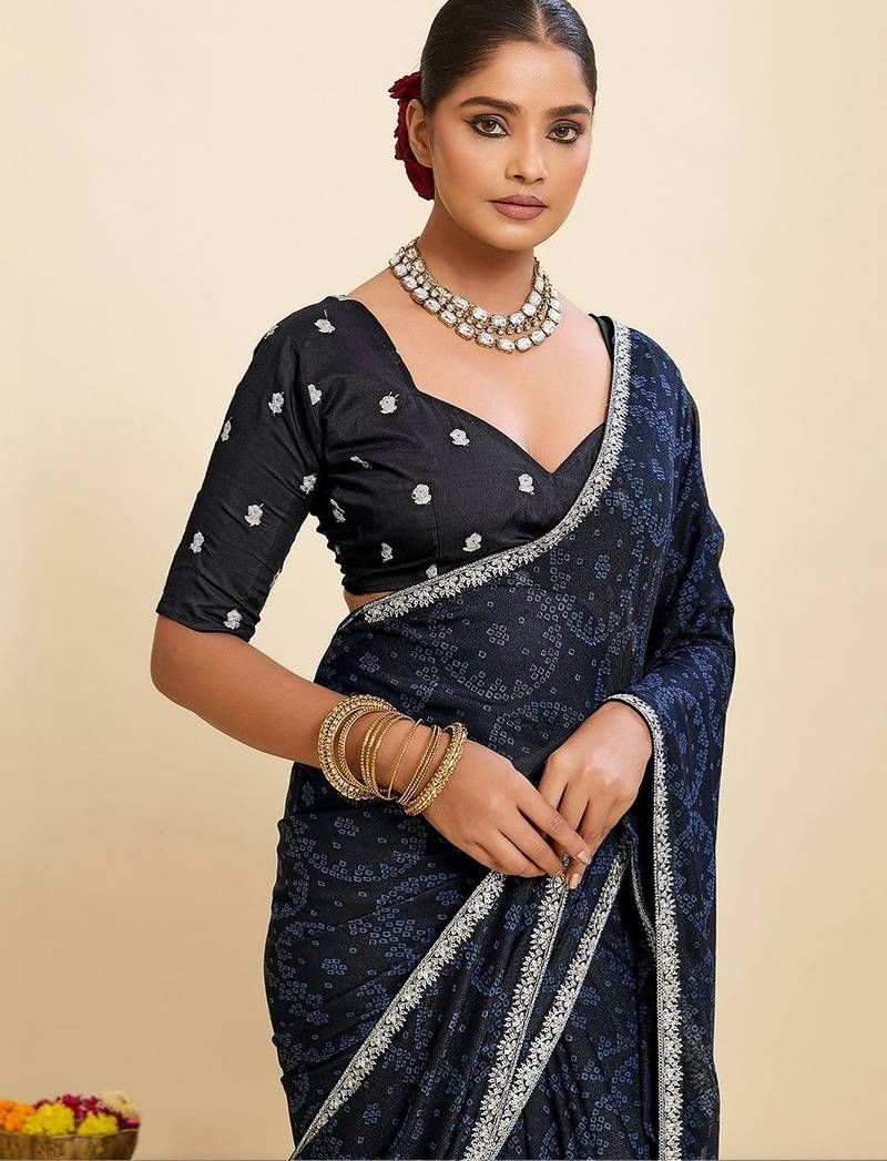 Navy blue bandhani pure georgette saree