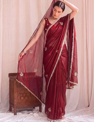 Maroon embroidered tissue designer saree 1