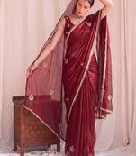 Maroon embroidered tissue designer saree