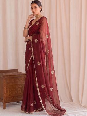 Maroon embroidered tissue designer saree 3