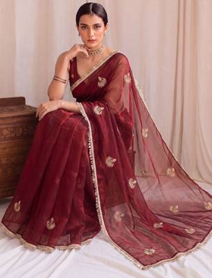 Maroon embroidered tissue designer saree 4