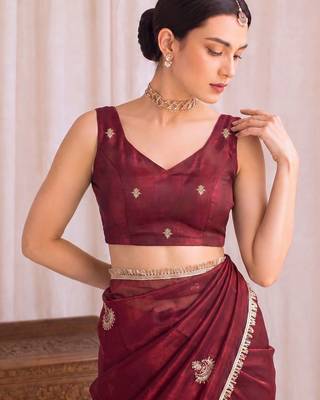 Maroon embroidered tissue designer saree 5