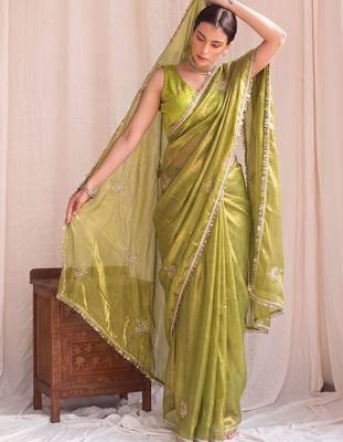 Lime embroidered tissue designer saree 1