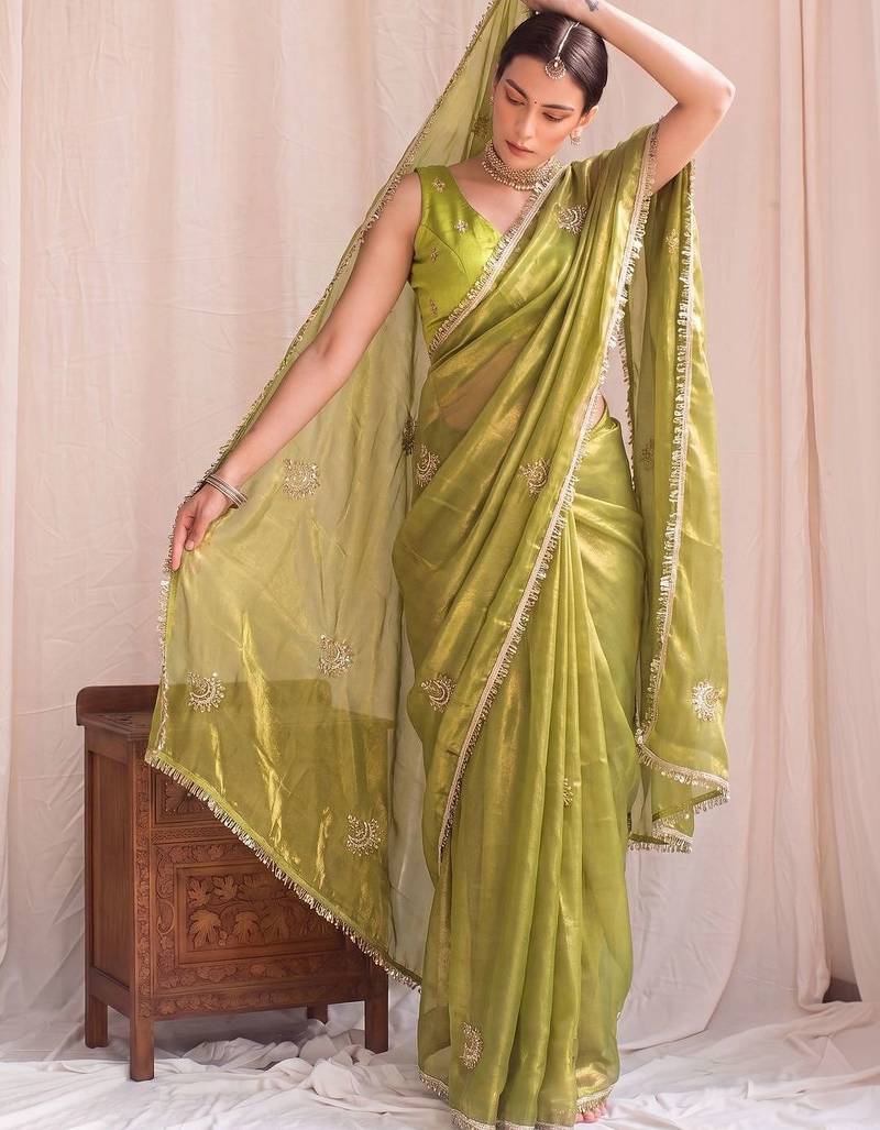 Lime embroidered tissue designer saree