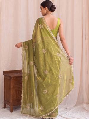 Lime embroidered tissue designer saree 2