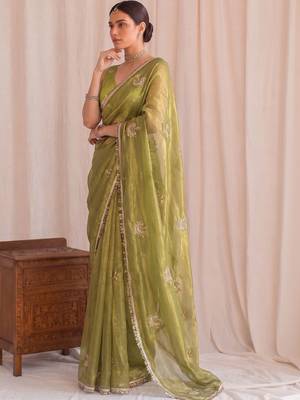 Lime embroidered tissue designer saree 3