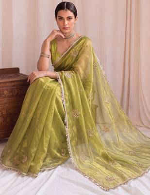 Lime embroidered tissue designer saree 4