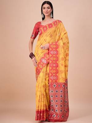 Yellow woven design zari saree with unstitched blouse 1