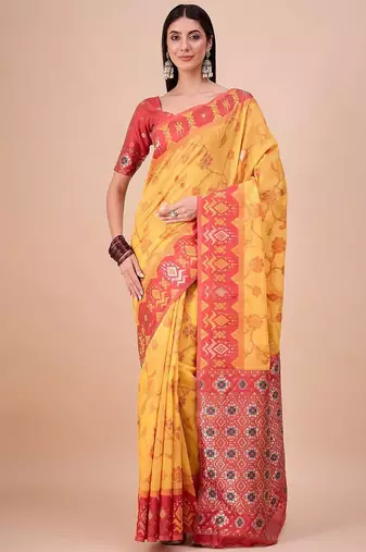 Yellow woven design zari saree with unstitched blouse