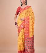 Yellow woven design zari saree with unstitched blouse