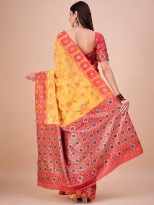 Yellow woven design zari saree with unstitched blouse 2