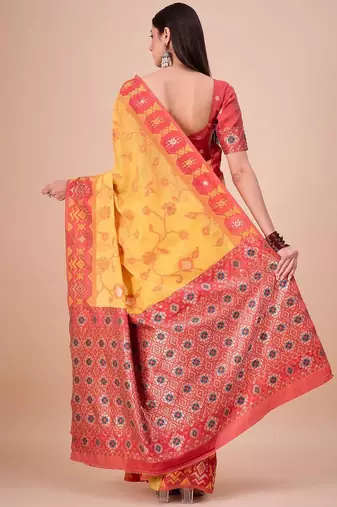 Yellow woven design zari saree with unstitched blouse