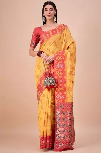 Yellow woven design zari saree with unstitched blouse