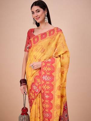 Yellow woven design zari saree with unstitched blouse 4