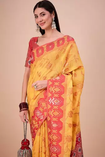 Yellow woven design zari saree with unstitched blouse