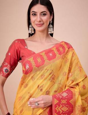 Yellow woven design zari saree with unstitched blouse 5