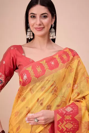 Yellow woven design zari saree with unstitched blouse