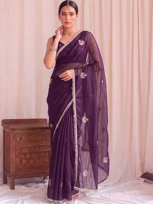 Purple sequinned tissue designer saree 1