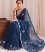Teal embroidered tissue designer saree