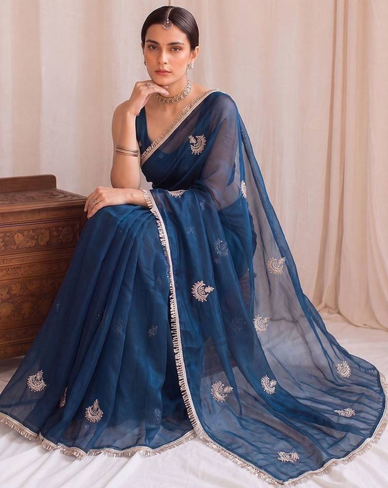 Teal embroidered tissue designer saree