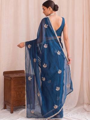 Teal embroidered tissue designer saree 2