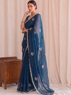 Teal embroidered tissue designer saree 3