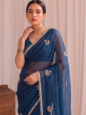 Teal embroidered tissue designer saree 4
