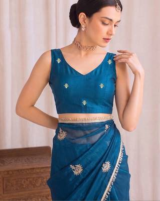 Teal embroidered tissue designer saree 5