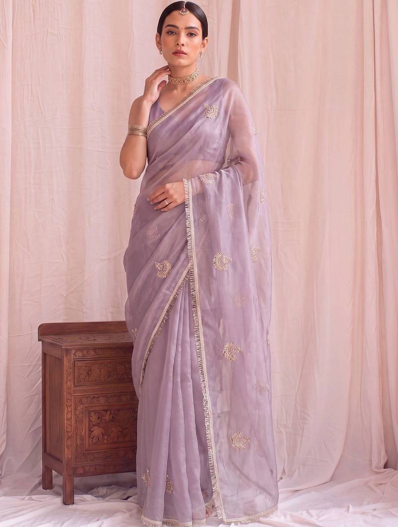 Lavender embroidered tissue designer saree