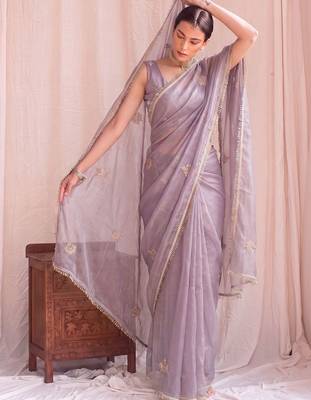 Lavender embroidered tissue designer saree 3