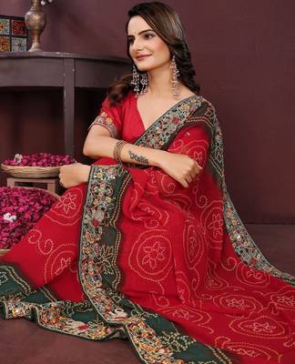 Red bandhani printed georgette saree with unstitched blouse 1