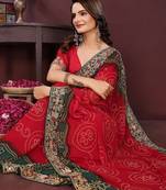Red bandhani printed georgette saree with unstitched blouse