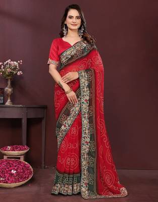 Red bandhani printed georgette saree with unstitched blouse 2