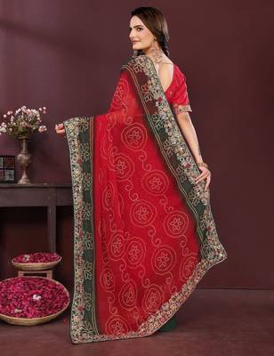 Red bandhani printed georgette saree with unstitched blouse 4