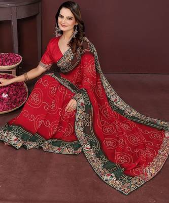 Red bandhani printed georgette saree with unstitched blouse 5