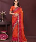 Orange bahdhani printed embroidered georgette saree with unstitched blouse