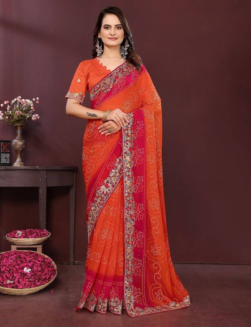 Orange bahdhani printed embroidered georgette saree with unstitched blouse