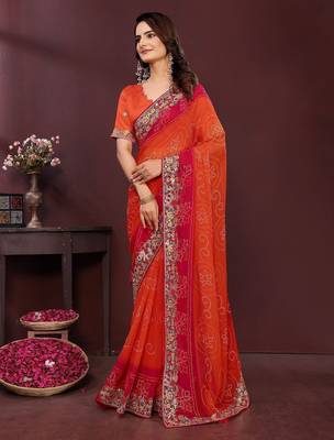 Orange bahdhani printed embroidered georgette saree with unstitched blouse 2