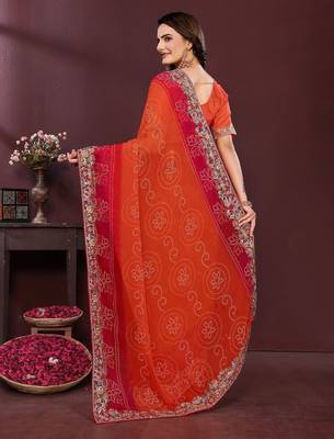 Orange bahdhani printed embroidered georgette saree with unstitched blouse 3