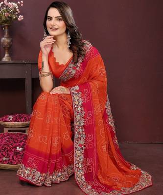 Orange bahdhani printed embroidered georgette saree with unstitched blouse 4